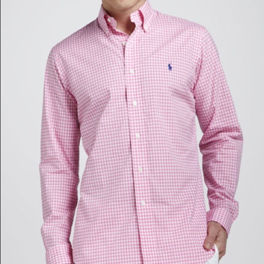 Ralph Lauren custom fit pink and white gingham button down, only worn once!